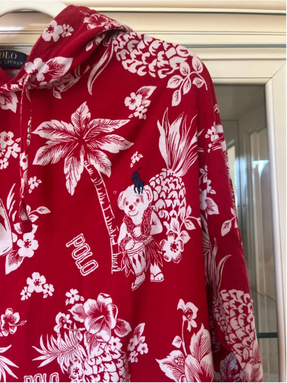Polo Ralph Lauren Tee Hoodie XL Red White Tropical Bear Print Worn 1x
